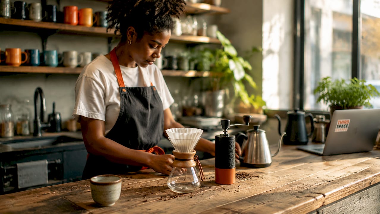 Barista arranging coffee brewing equipment