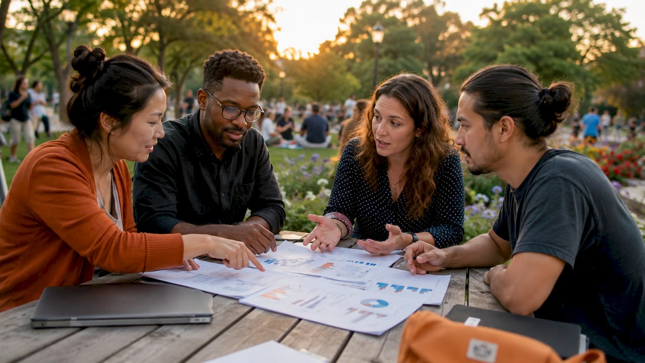 Small business owners reviewing data in café