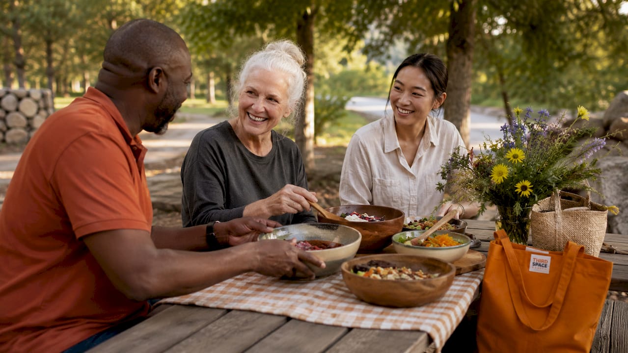 Neighbors enjoying themed potluck at park