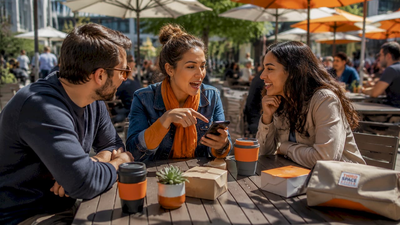 Group viewing coffee shop Instagram posts outdoors