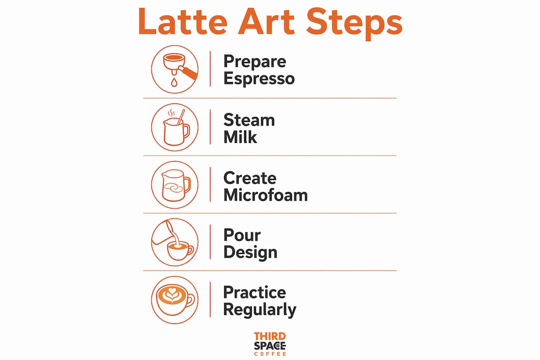 Infographic listing five steps for creating latte art