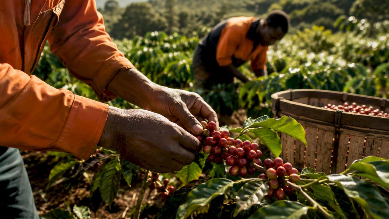 Hands holding fresh coffee cherries on farm plant