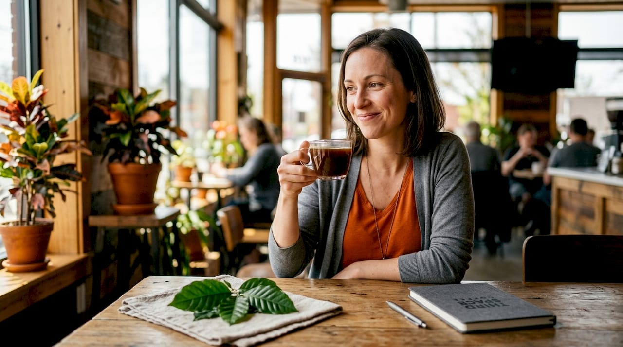 Hands holding glass cup of Arabica coffee with green leaves