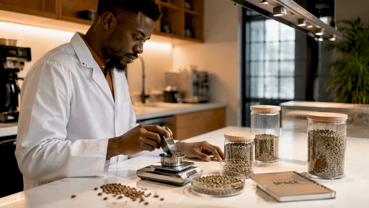 Technician measuring coffee bean density and moisture