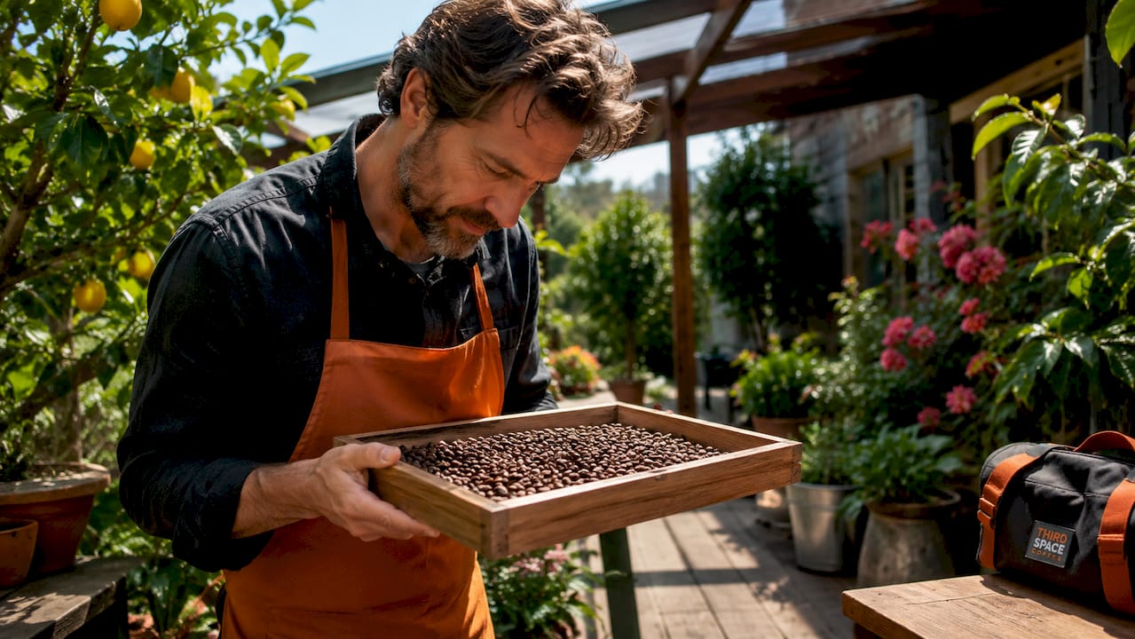 Male coffee roaster checking roasted coffee beans