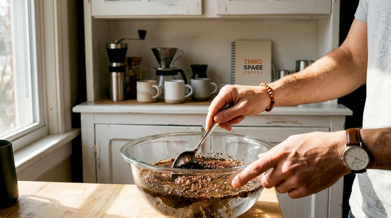 Hands stirring coffee grounds in cold brew jar