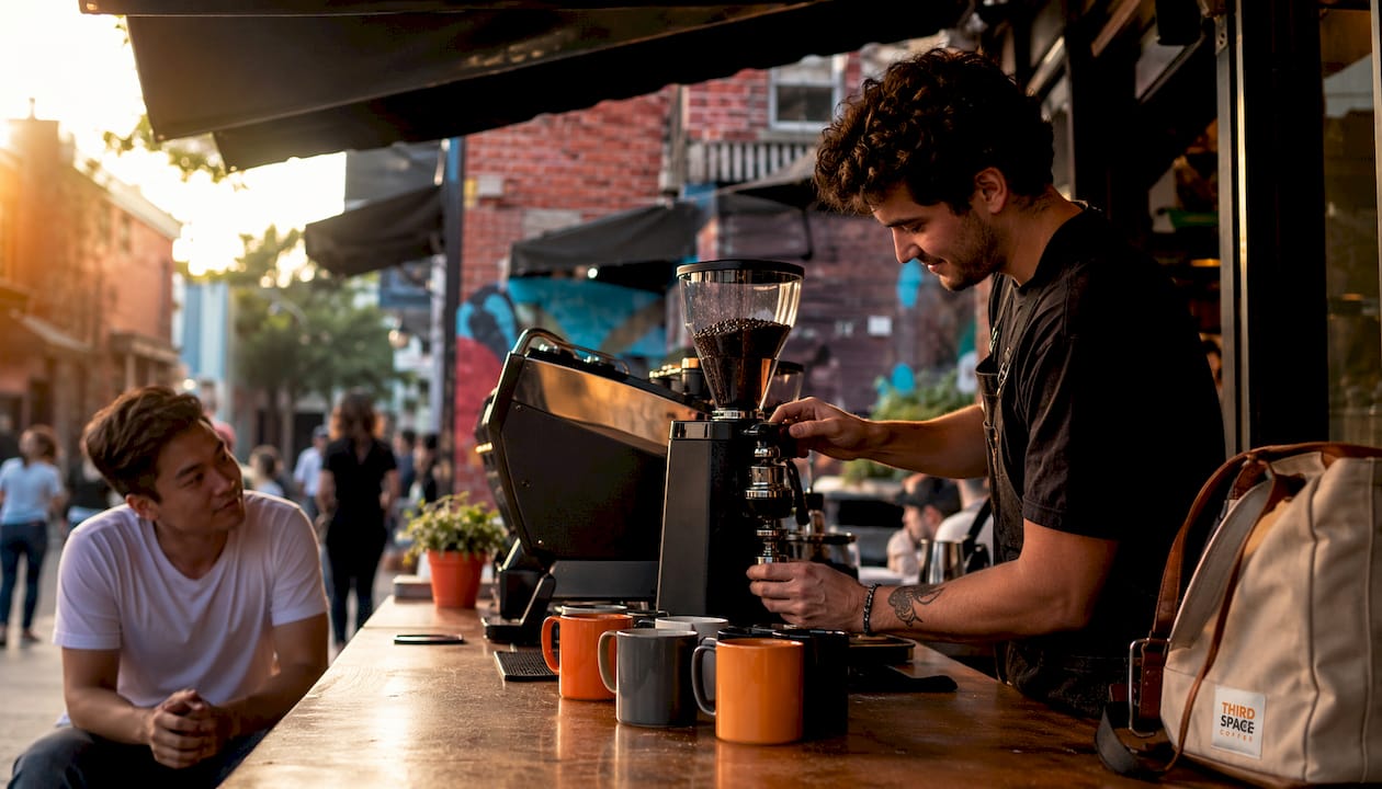 Espresso bar interior with barista adjusting grinder