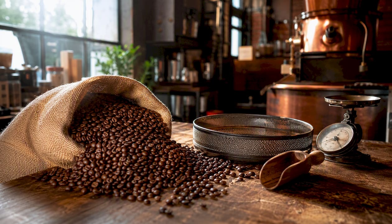 Fresh roasted coffee beans in roastery interior