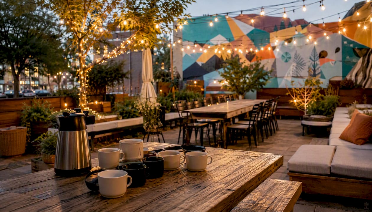 Event space setup in coffee shop interior