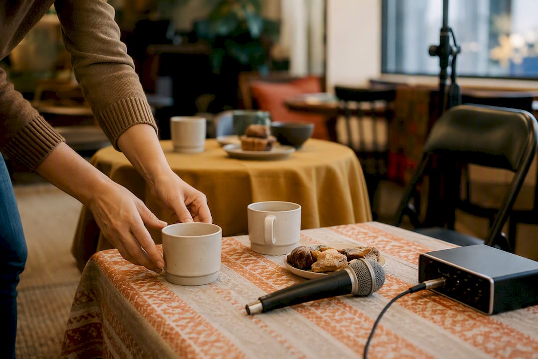 Hands arranging coffee and setup for community event