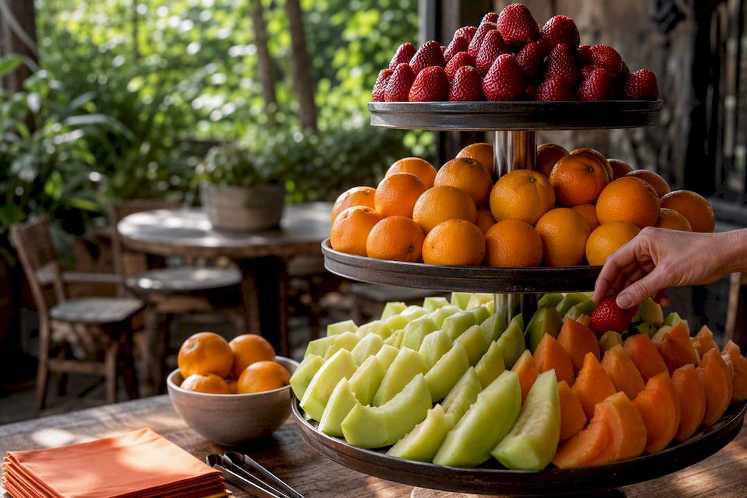 Tiered breakfast fruit platter arranged by color