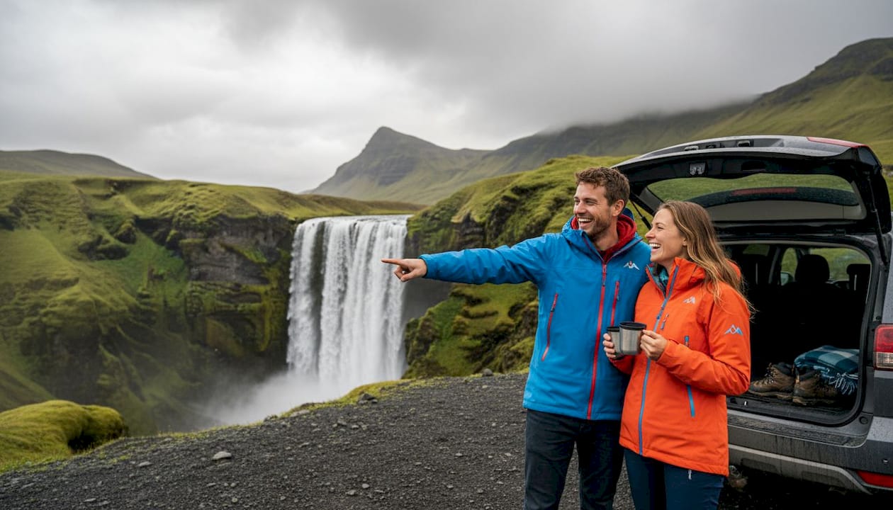 Couple enjoying roadside Iceland waterfall stop