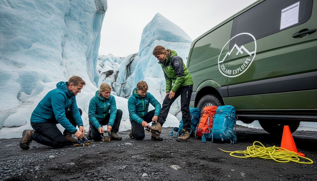 Guide assists tourists preparing glacier safety gear