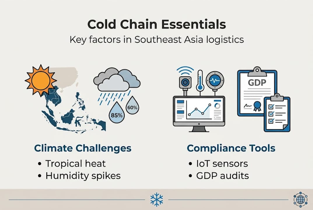 Infographic on cold chain essentials with climate and compliance points