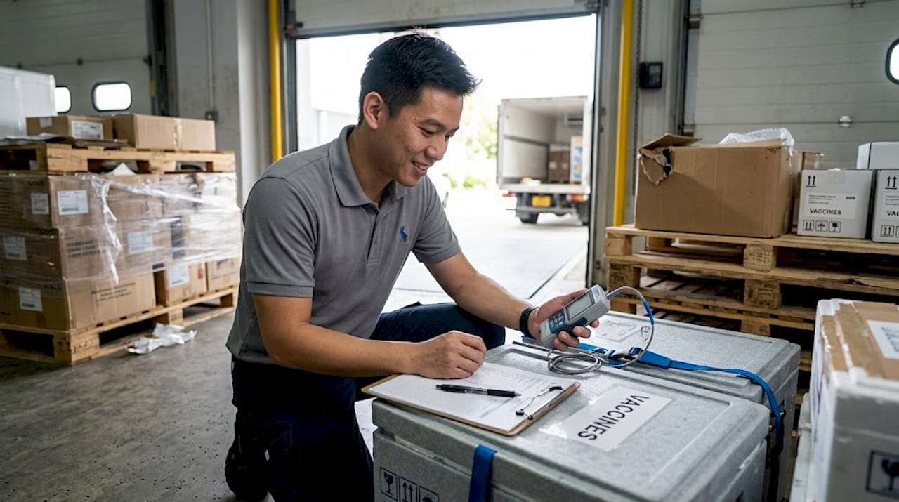 Technician checks vaccine shipment temperature
