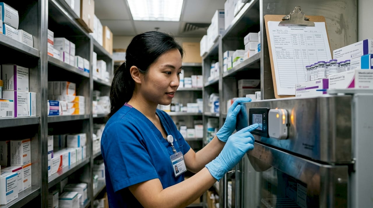 Technician checks cold chain temperature sensor