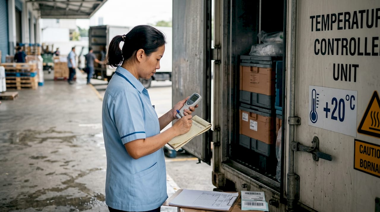 Technician records cold chain shipping temperatures