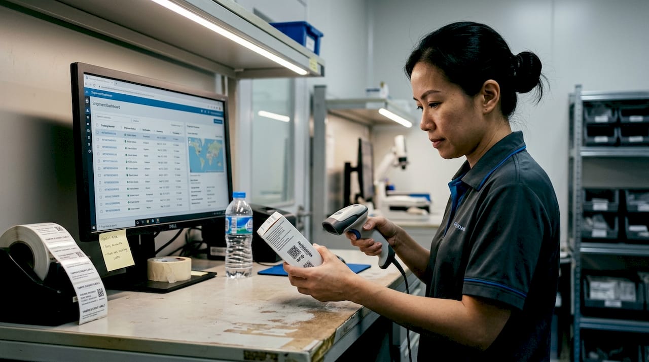 Healthcare worker scans RFID-labeled pharma box