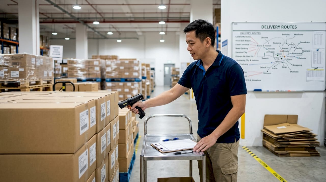 Supervisor scanning pharmaceutical supplies in warehouse