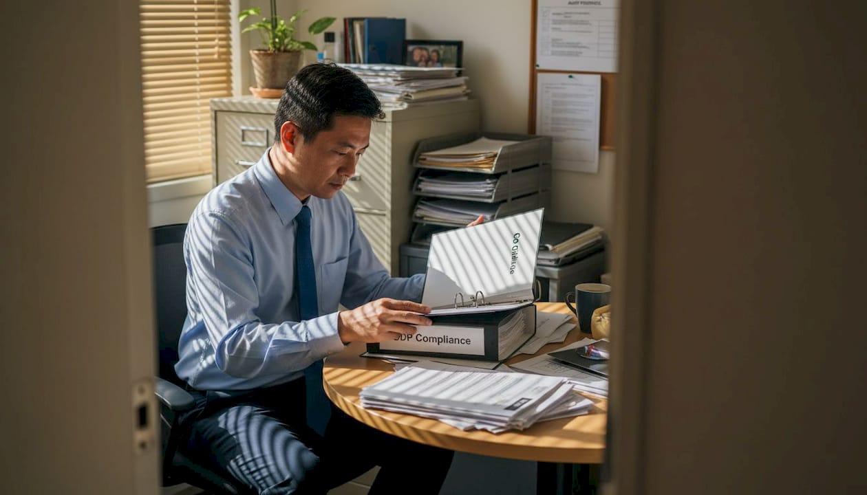 Manager reviewing pharmaceutical compliance documents
