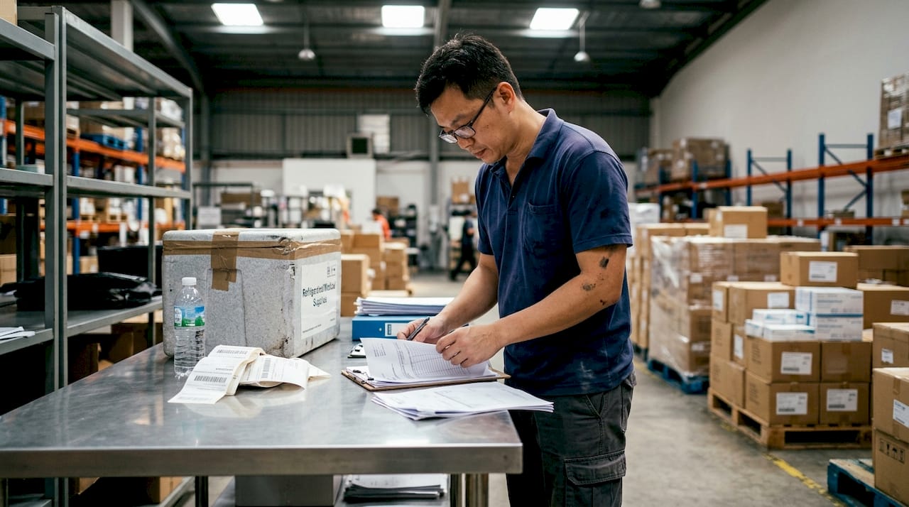 Warehouse worker reviewing cold chain shipment papers