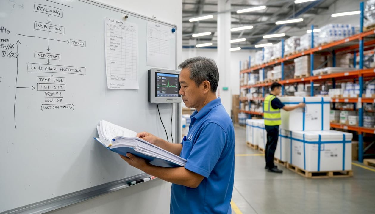 Supervisor checking QA tools in pharma warehouse