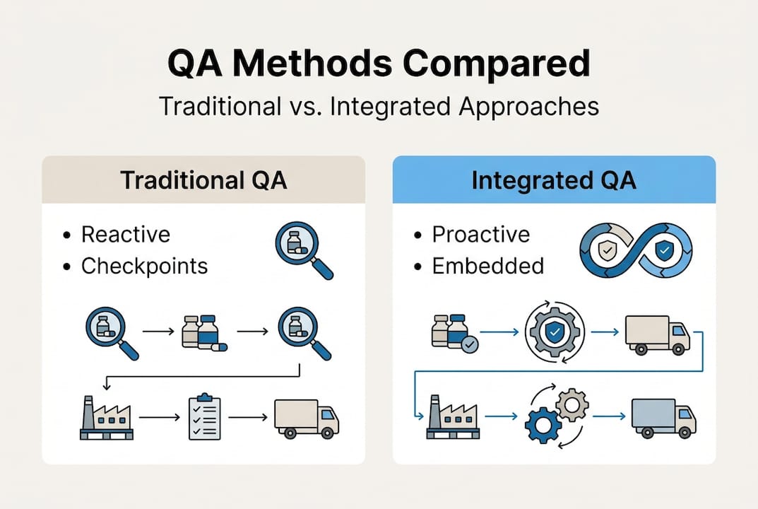 Infographic comparing QA approaches in pharma logistics