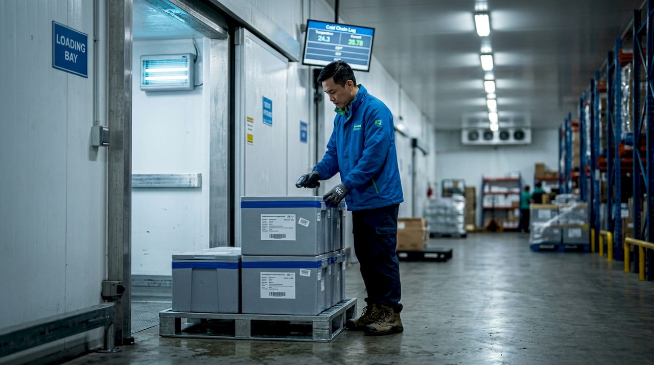 Worker managing pharma cold chain shipment