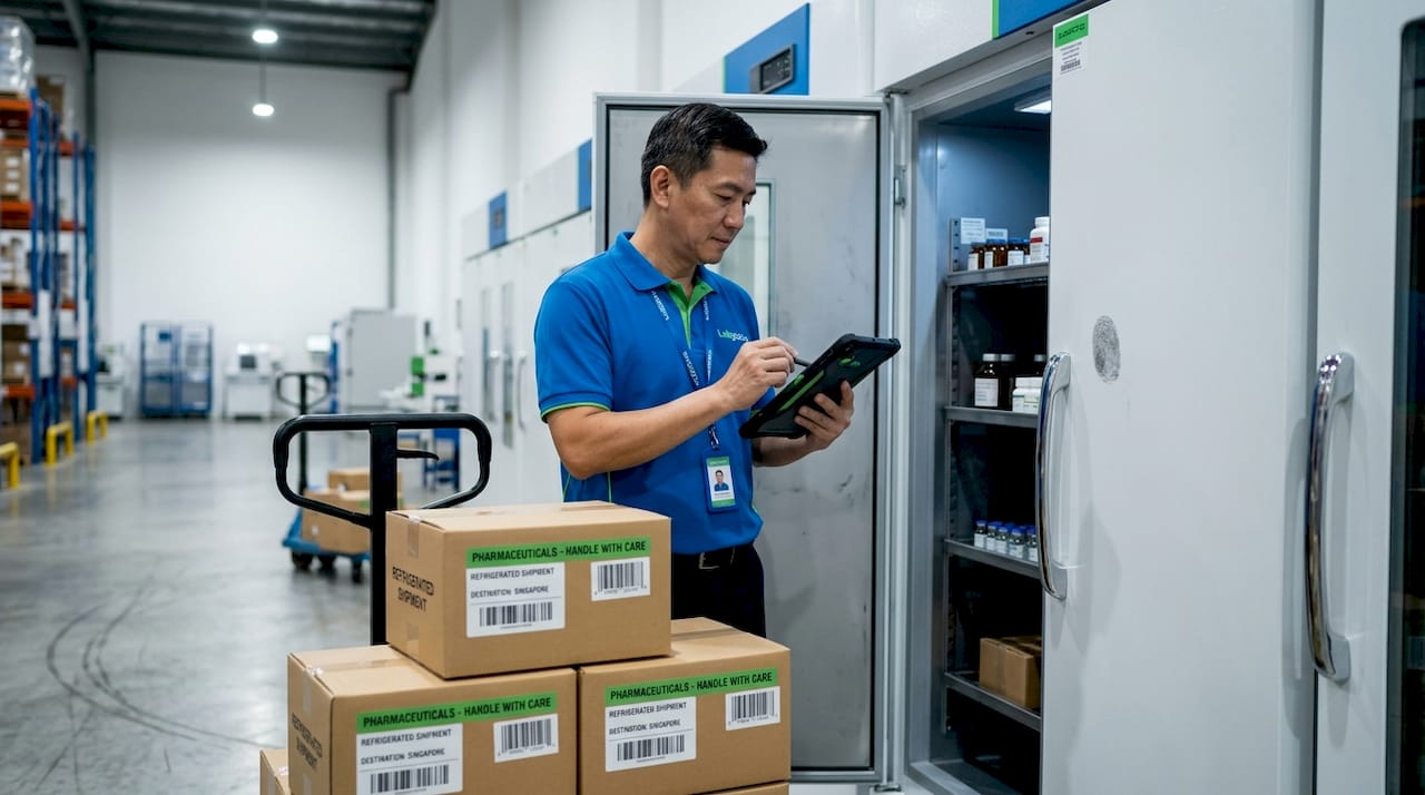 Supervisor monitoring temperature in pharma cold storage