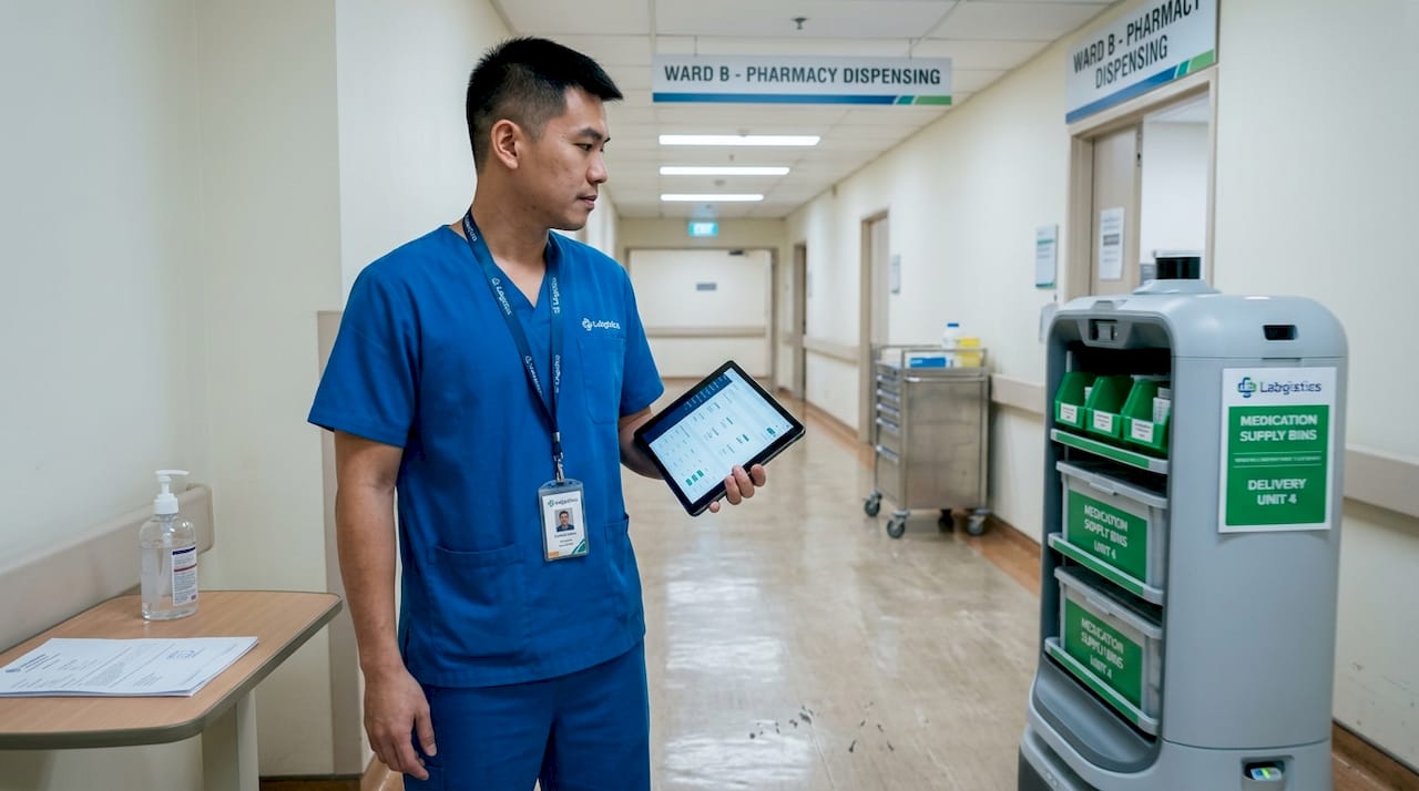 Technician and delivery robot in busy hospital hallway