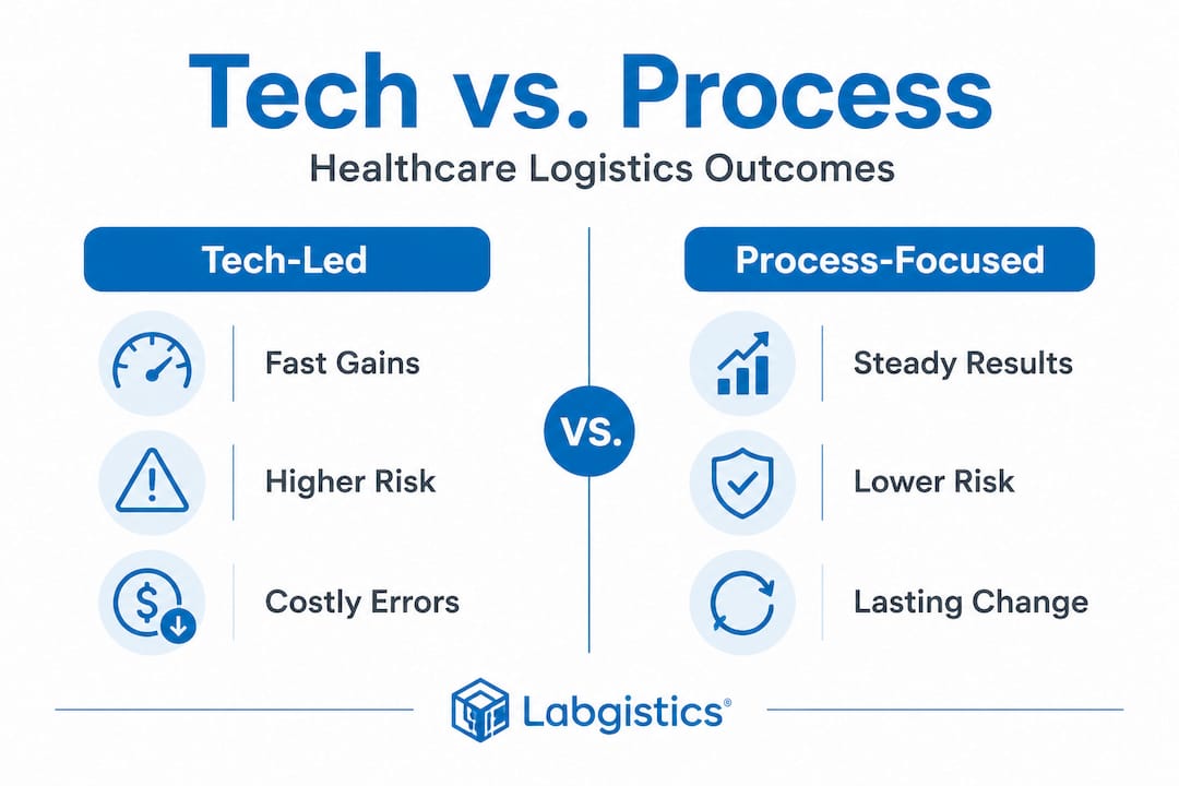 Infographic comparing tech-led and process-focused healthcare logistics