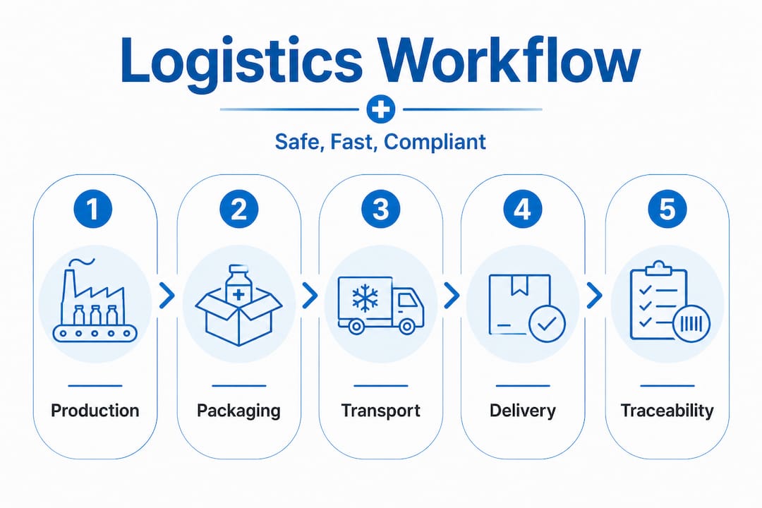 Vertical workflow of radiopharmaceutical logistics steps