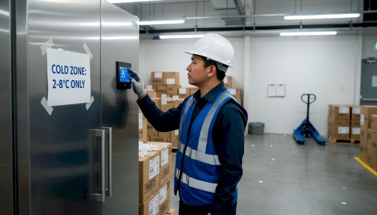 Worker monitoring temperature in healthcare cold chain warehouse