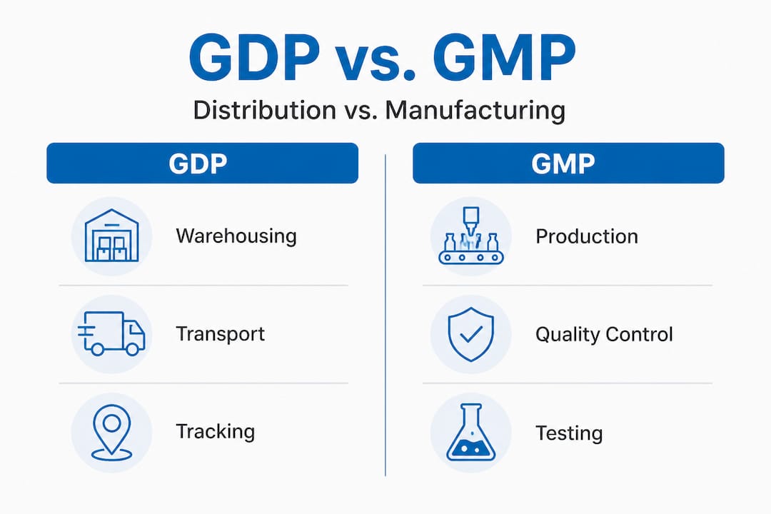 Infographic comparing GDP and GMP compliance in logistics