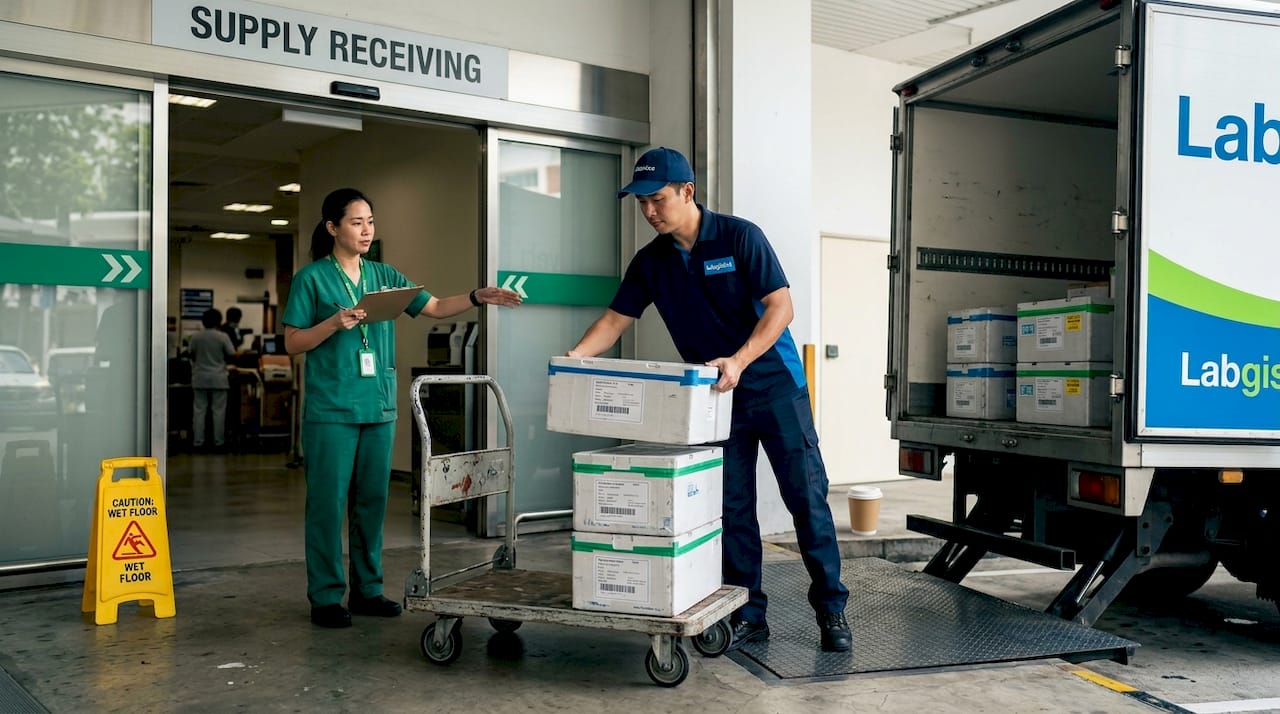 Medical supplies delivered at hospital loading dock