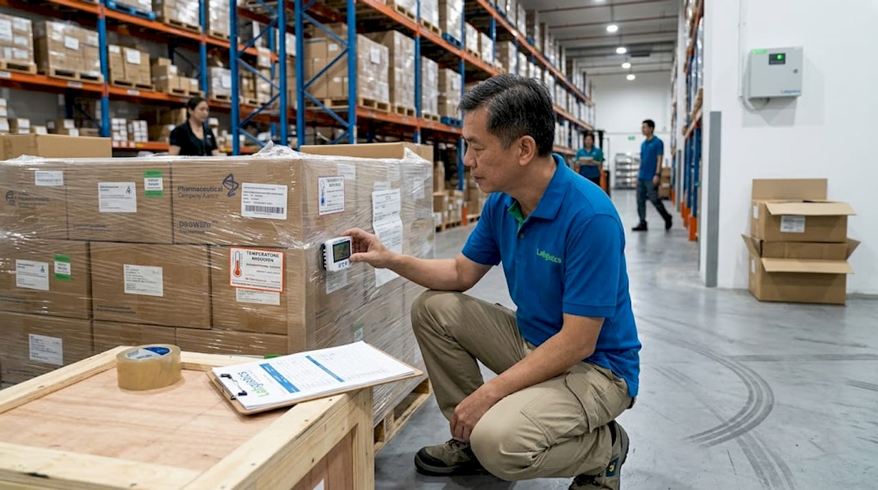 Warehouse manager checks temperature in pharma warehouse