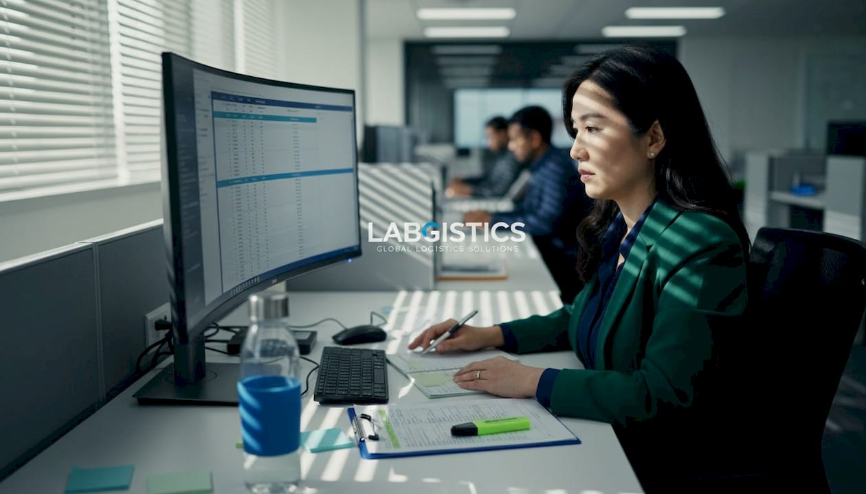 Manager audits digital pharmaceutical shipment records