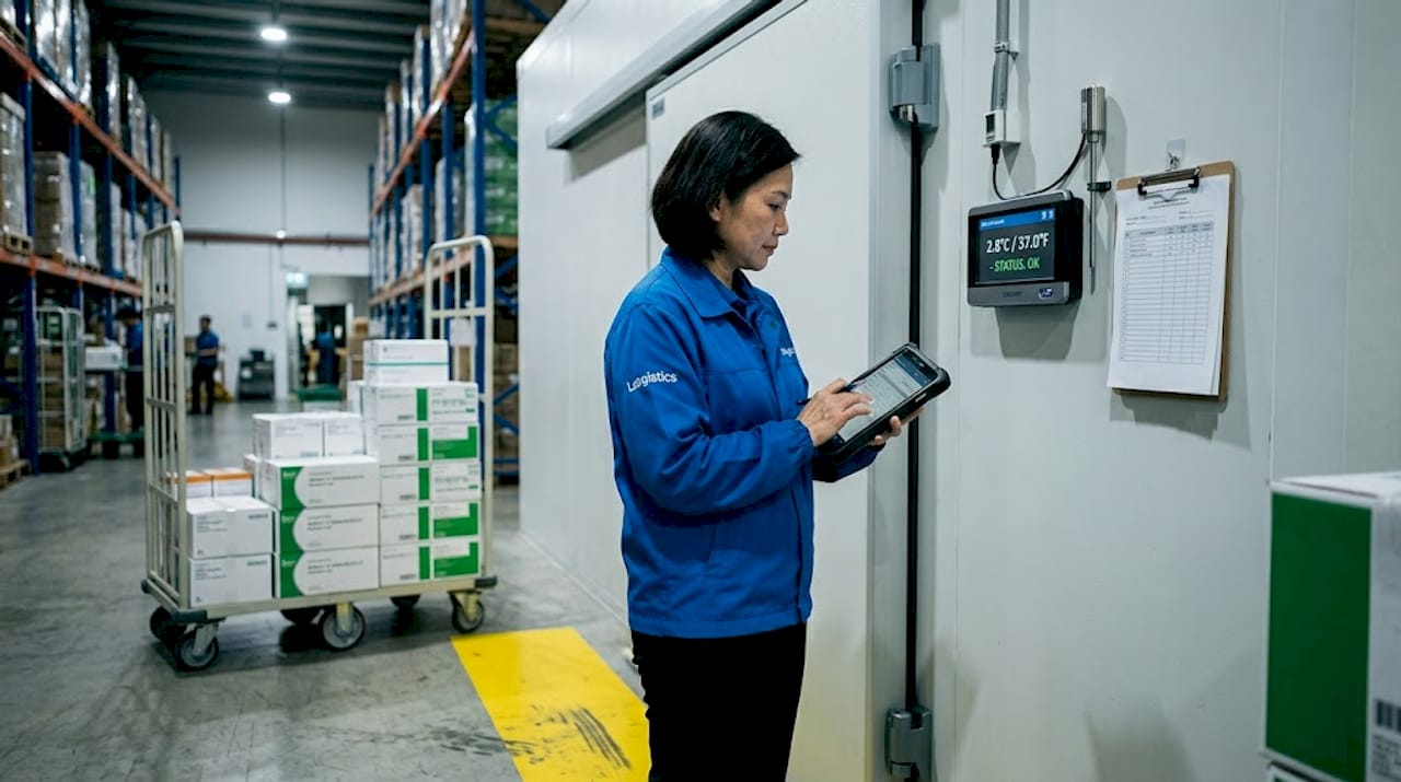 Coordinator checking temperature near warehouse cold room