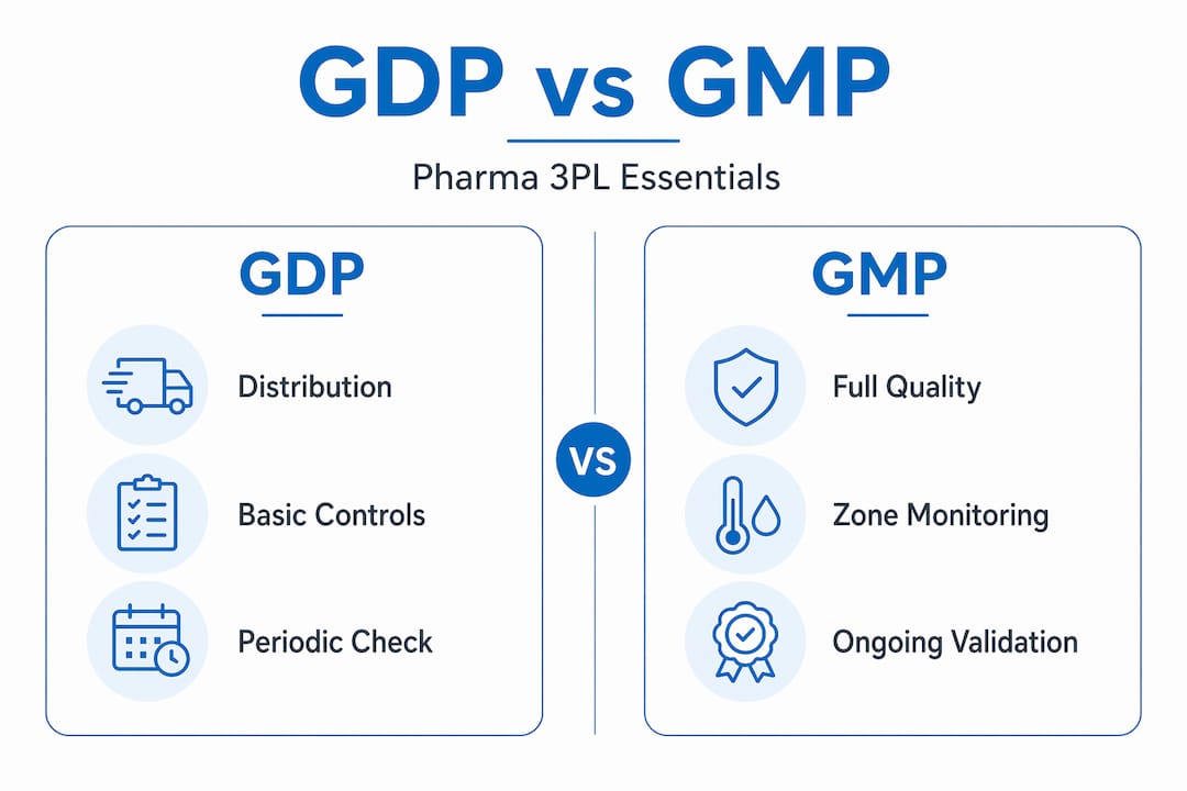 Infographic comparing GDP and GMP for pharma 3PLs