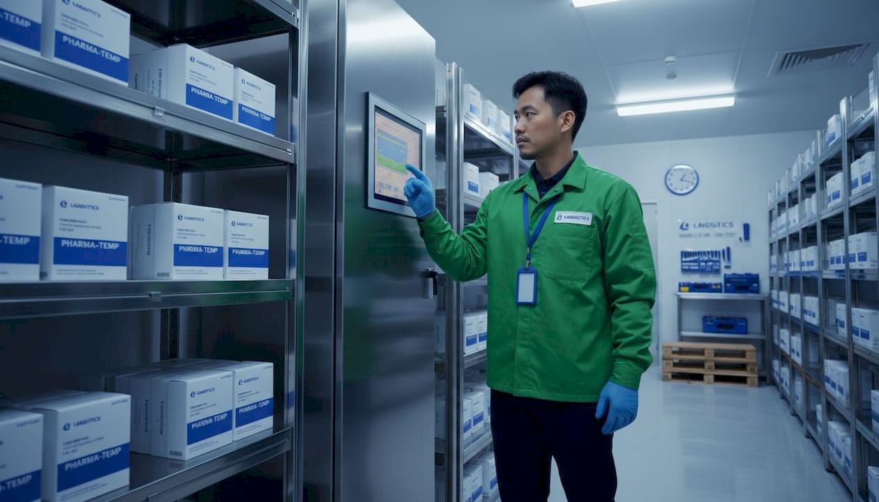 Technician adjusting controls in cold storage facility