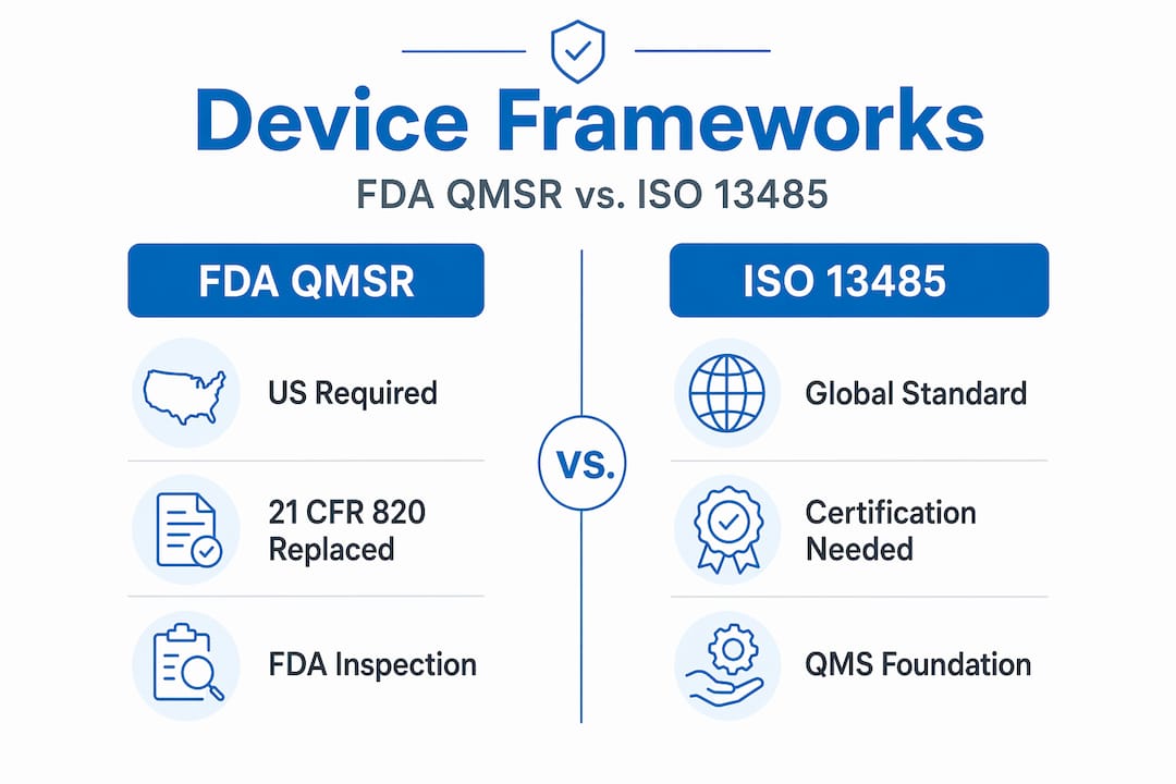 Infographic comparing FDA QMSR and ISO 13485 frameworks