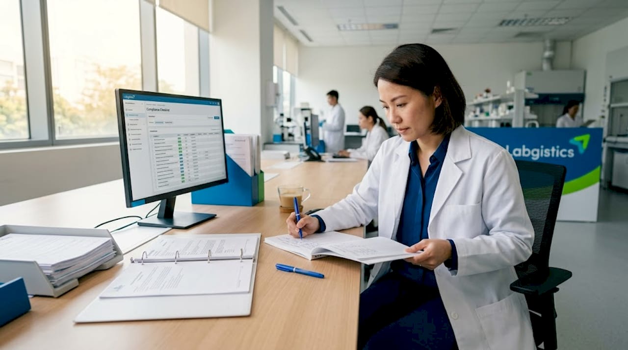 Officer verifying clinical trial paperwork in pharma office