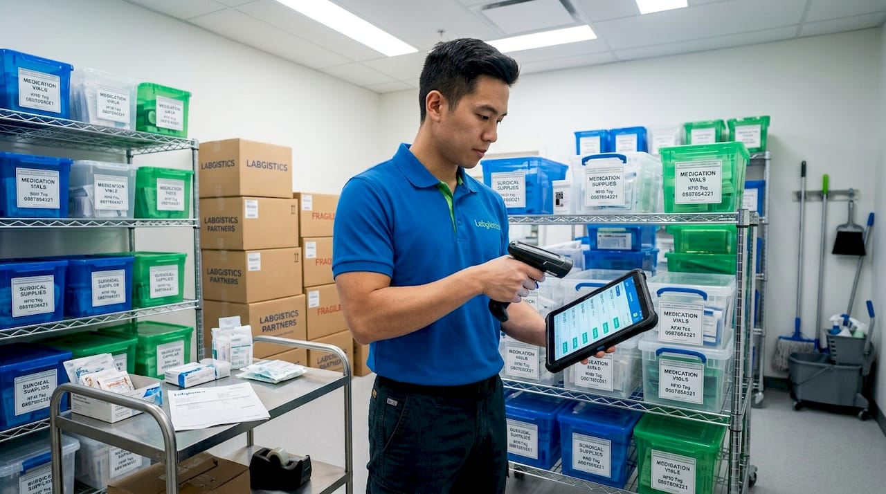 Technician scans RFID-tagged hospital supplies