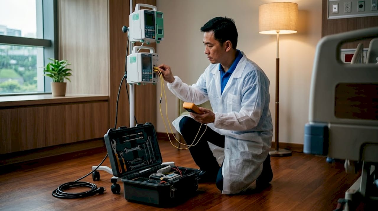 Technician calibrating medical device on hospital floor