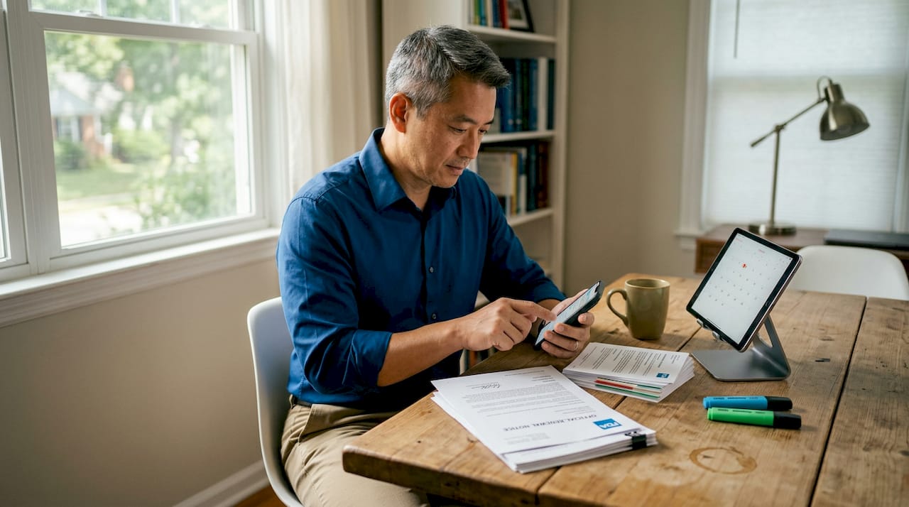 Man sets FDA renewal reminders at kitchen table