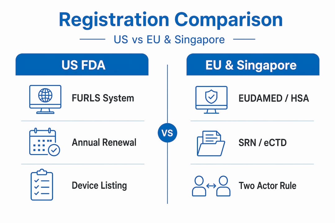 Infographic comparing US FDA and EU/Singapore registration