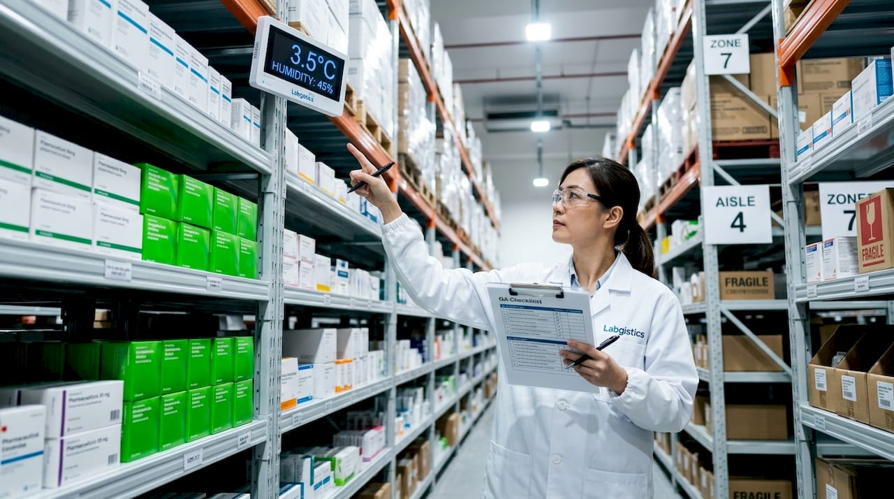 QA auditor inspecting pharmaceutical warehouse