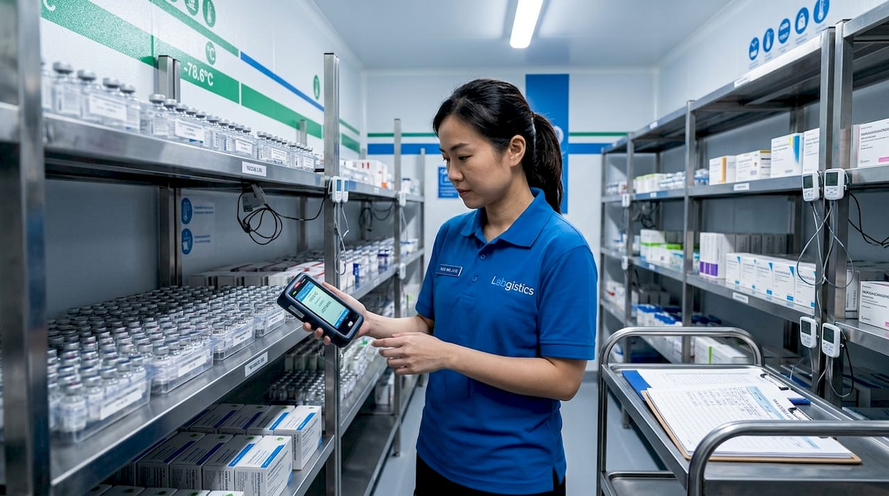 Technician checking temperature monitor in cold chain warehouse