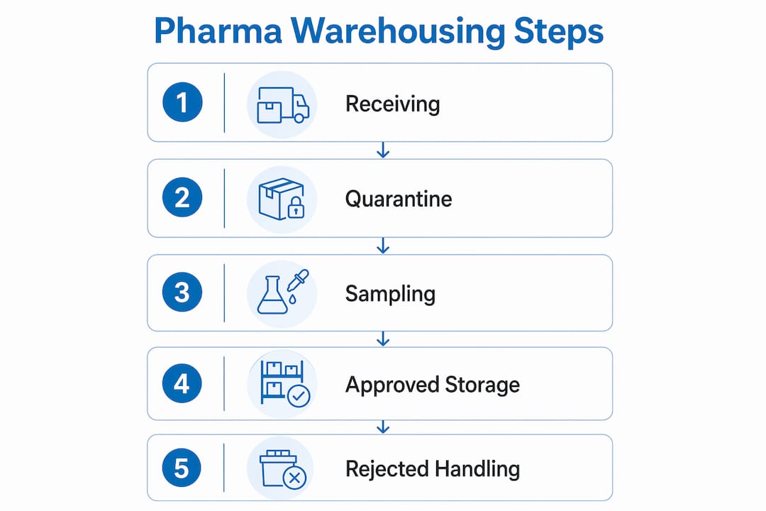 Infographic showing pharmaceutical warehousing compliance steps