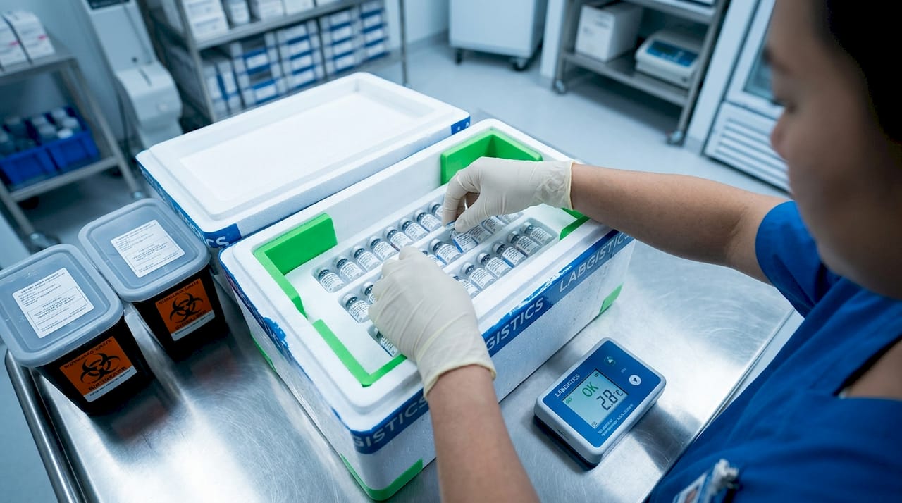 Hands packing cold chain pharmaceuticals carefully